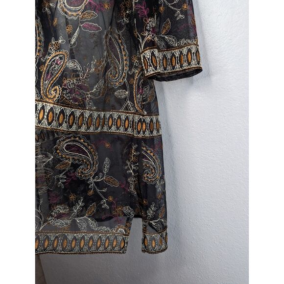 Catherines Plus Size Boho Sheer Open Front Top Size 1X Embroidery Black Paisley - Picture 7 of 12
